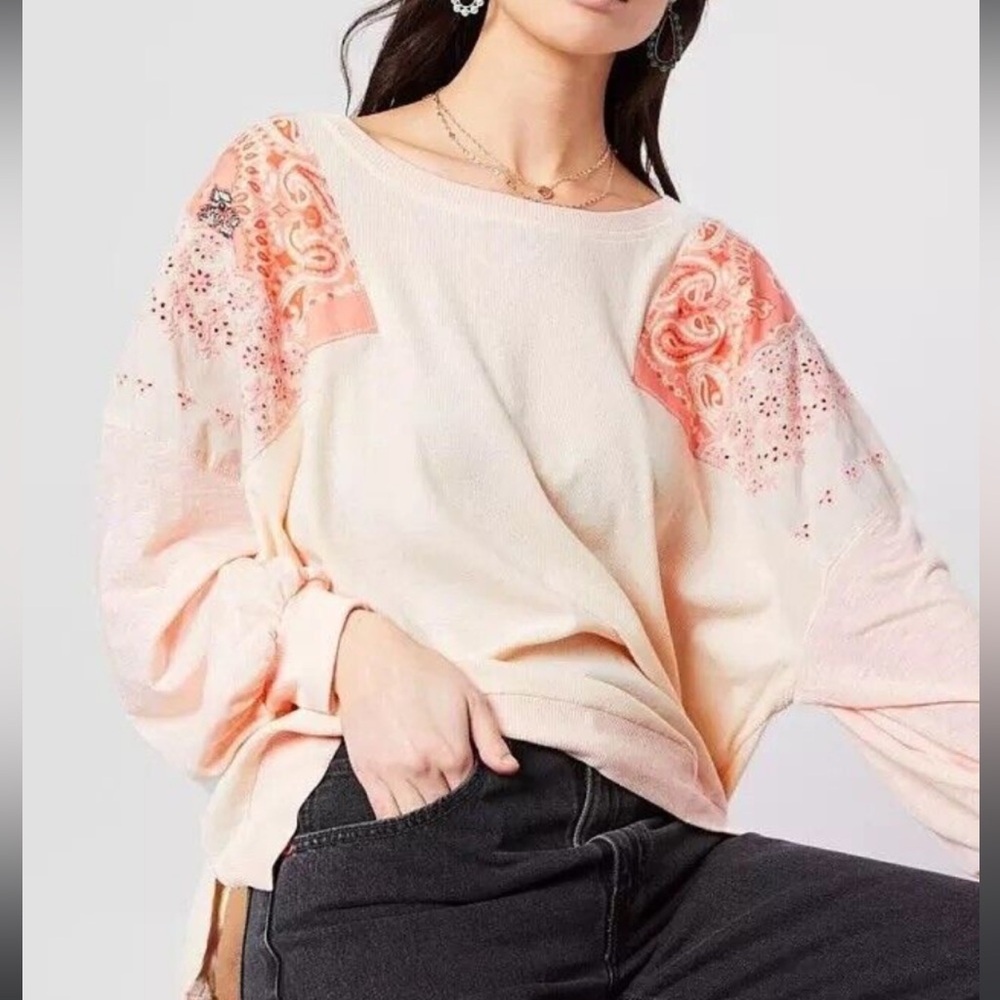 Free People Feelin It Alabaster Patchwork Oversized Top Size S Casual Slouchy